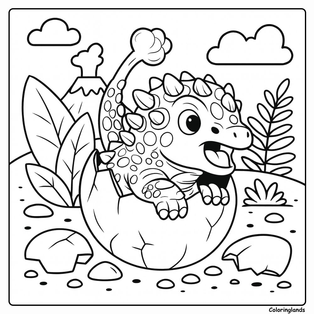 Coloriage bébé dinosaure ankylosaure éclosion avec œuf cassé