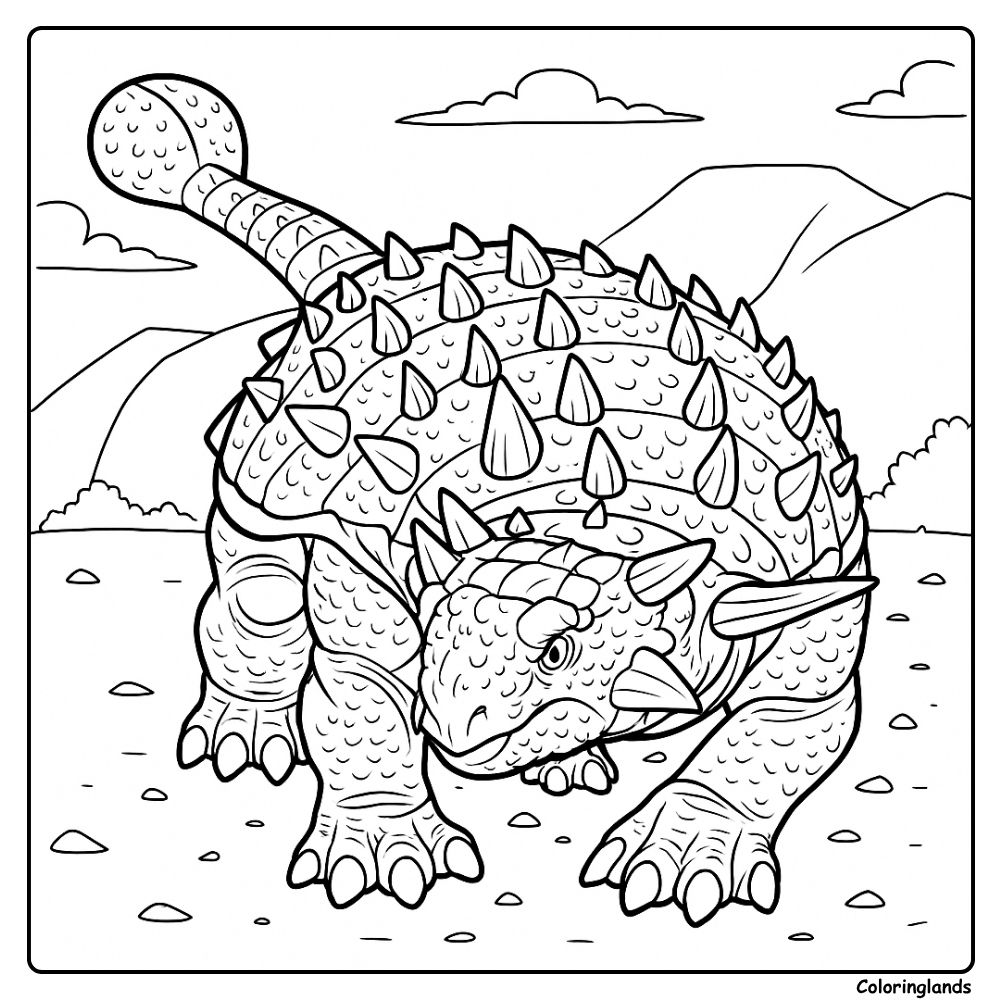 Coloriage d'Ankylosaure avec queue épineuse et montagnes