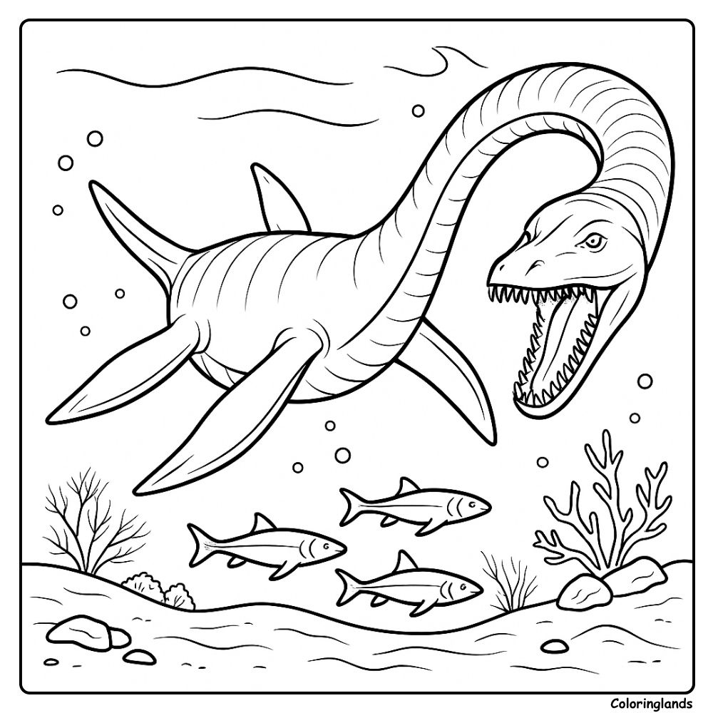 Coloriage de plésiosaure avec poissons et récif