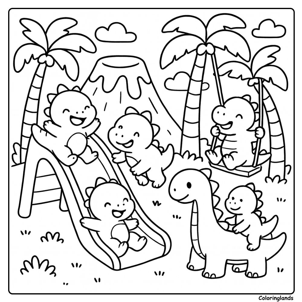 Coloriage dino pour enfants avec toboggan, balançoire et volcan