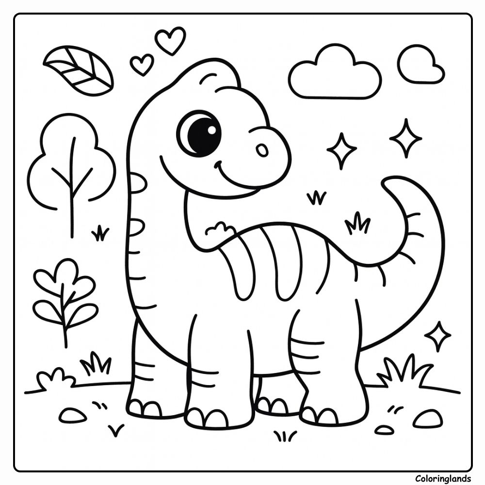 Coloriage d'un bébé brachiosaure avec des arbres et des étincelles