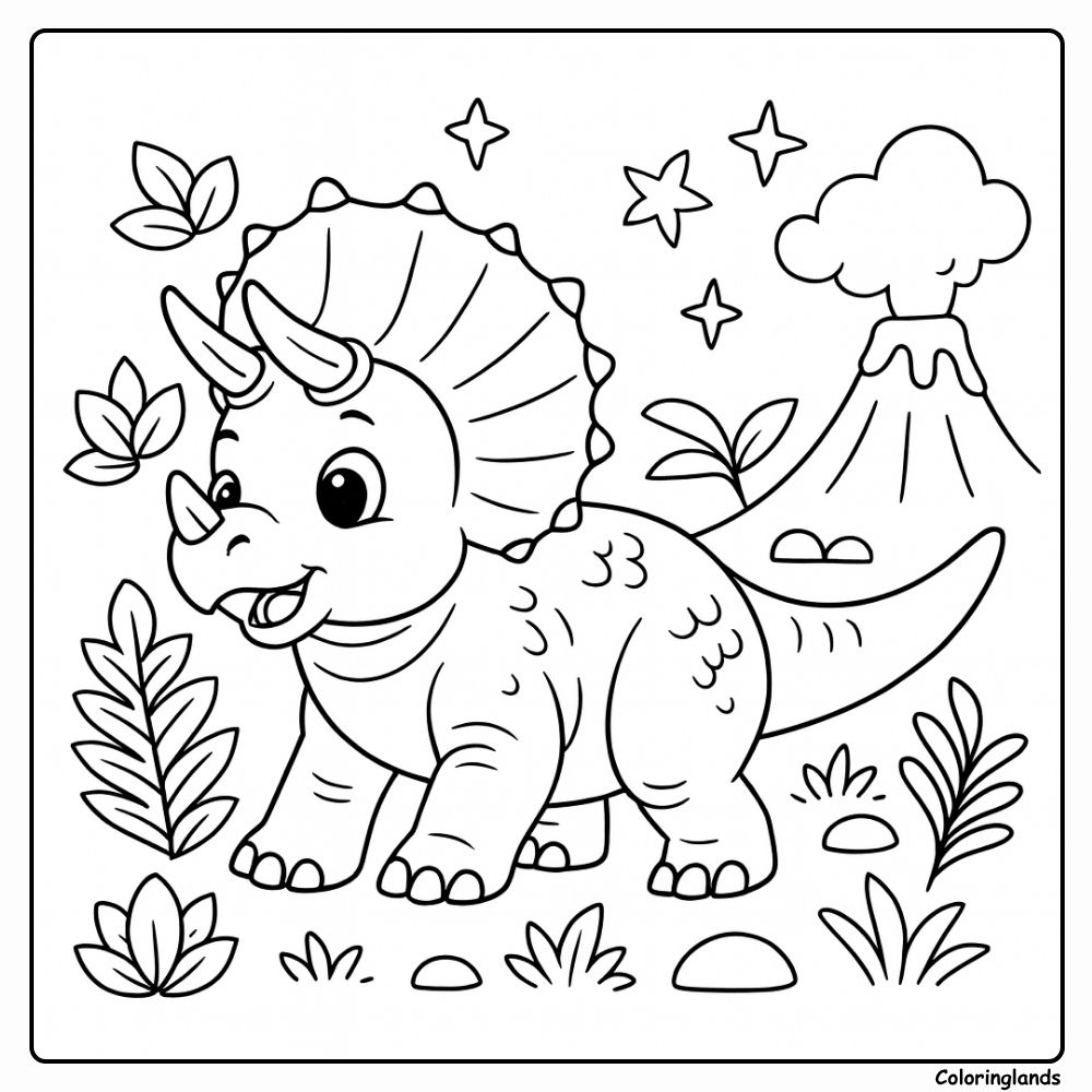 Coloriage d'un bébé tricératops avec volcan et plantes