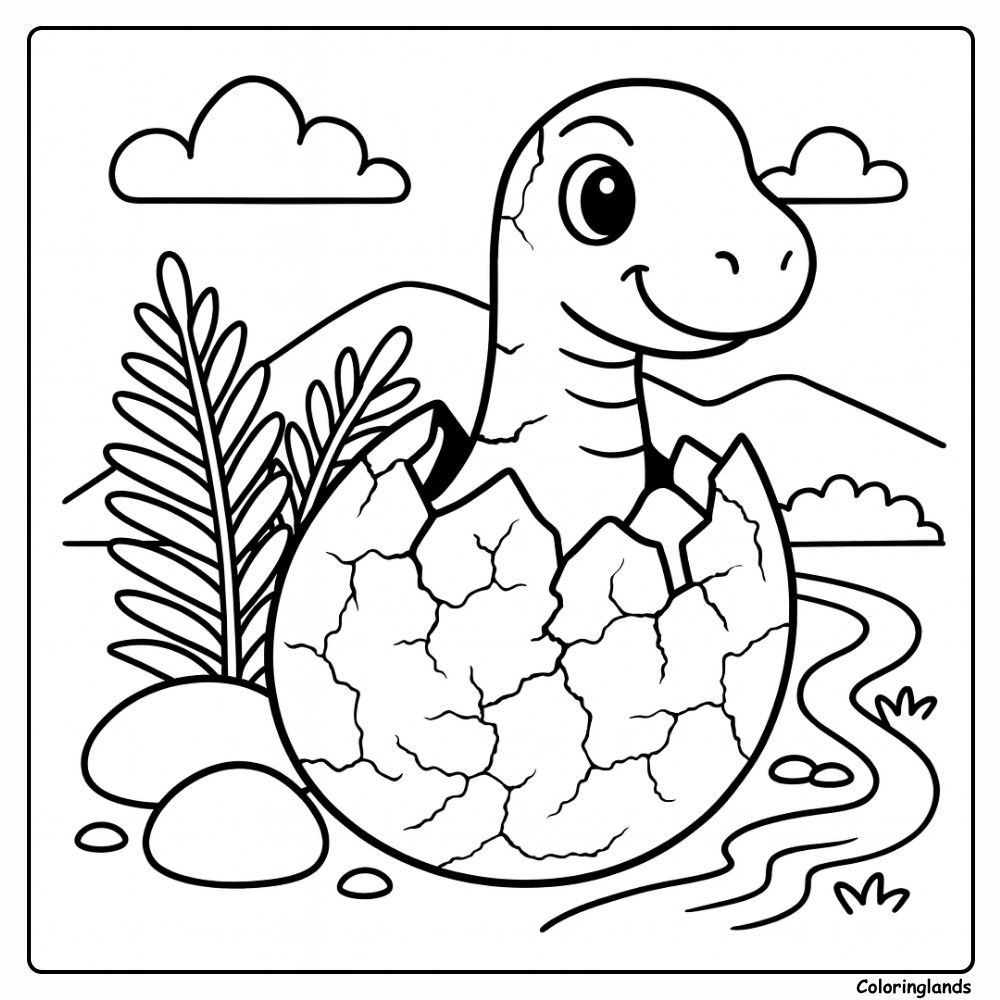 Coloriage d'un œuf de dinosaure Apatosaurus avec coquille fendue et ruisseau