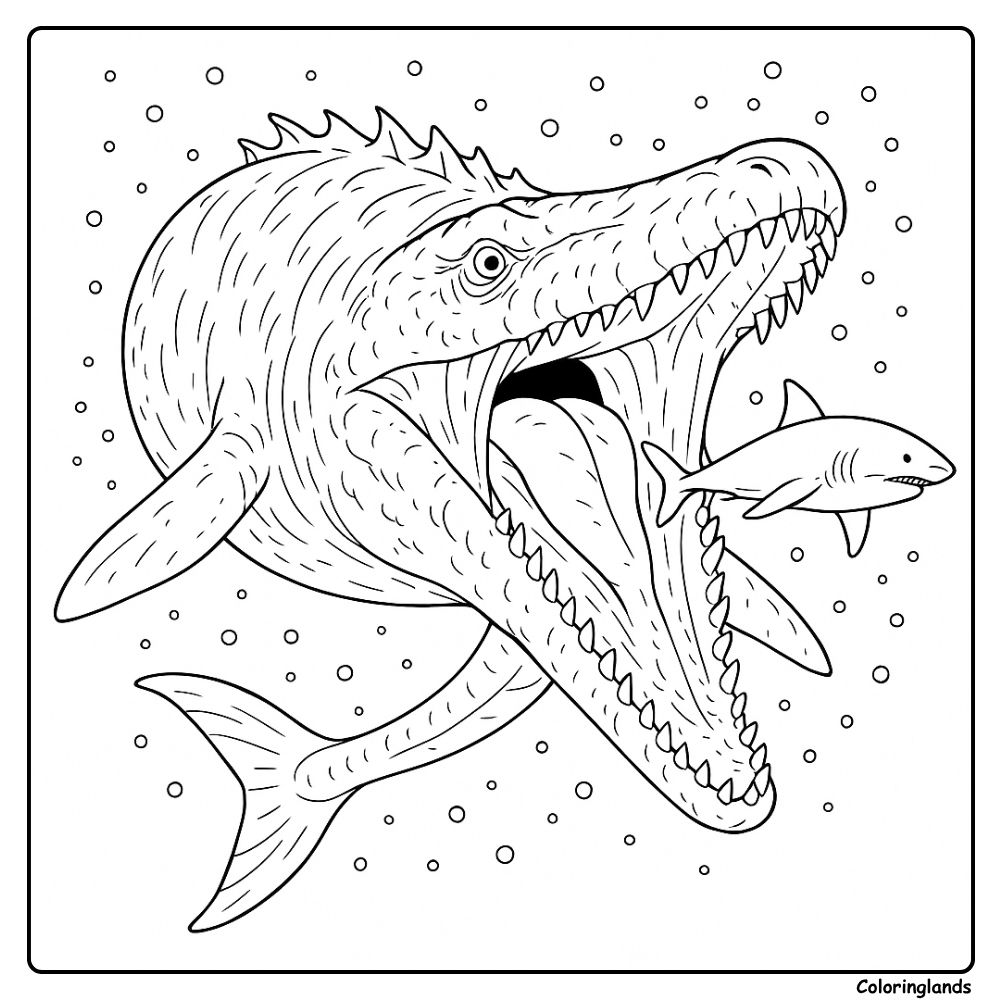 Coloriage mosasaure gueule ouverte et proie rapide