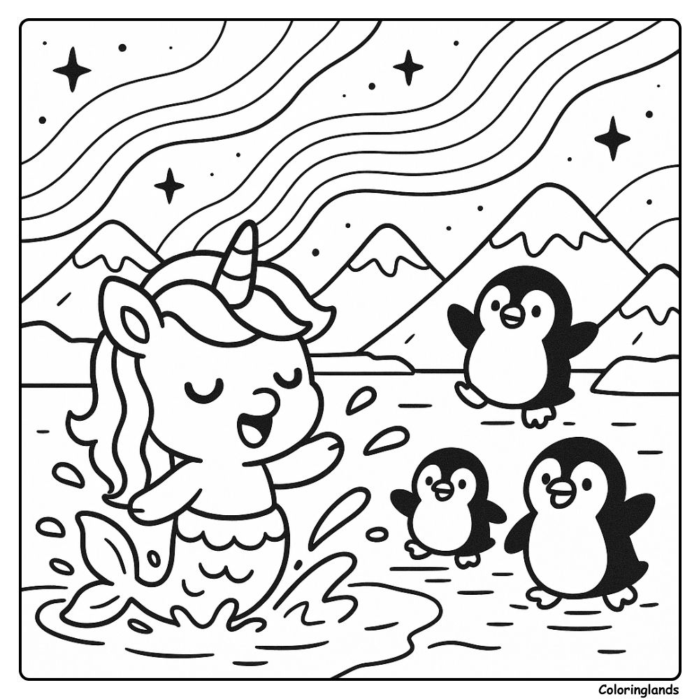 Page de coloriage imprimable de sirène licorne avec des pingouins et des montagnes