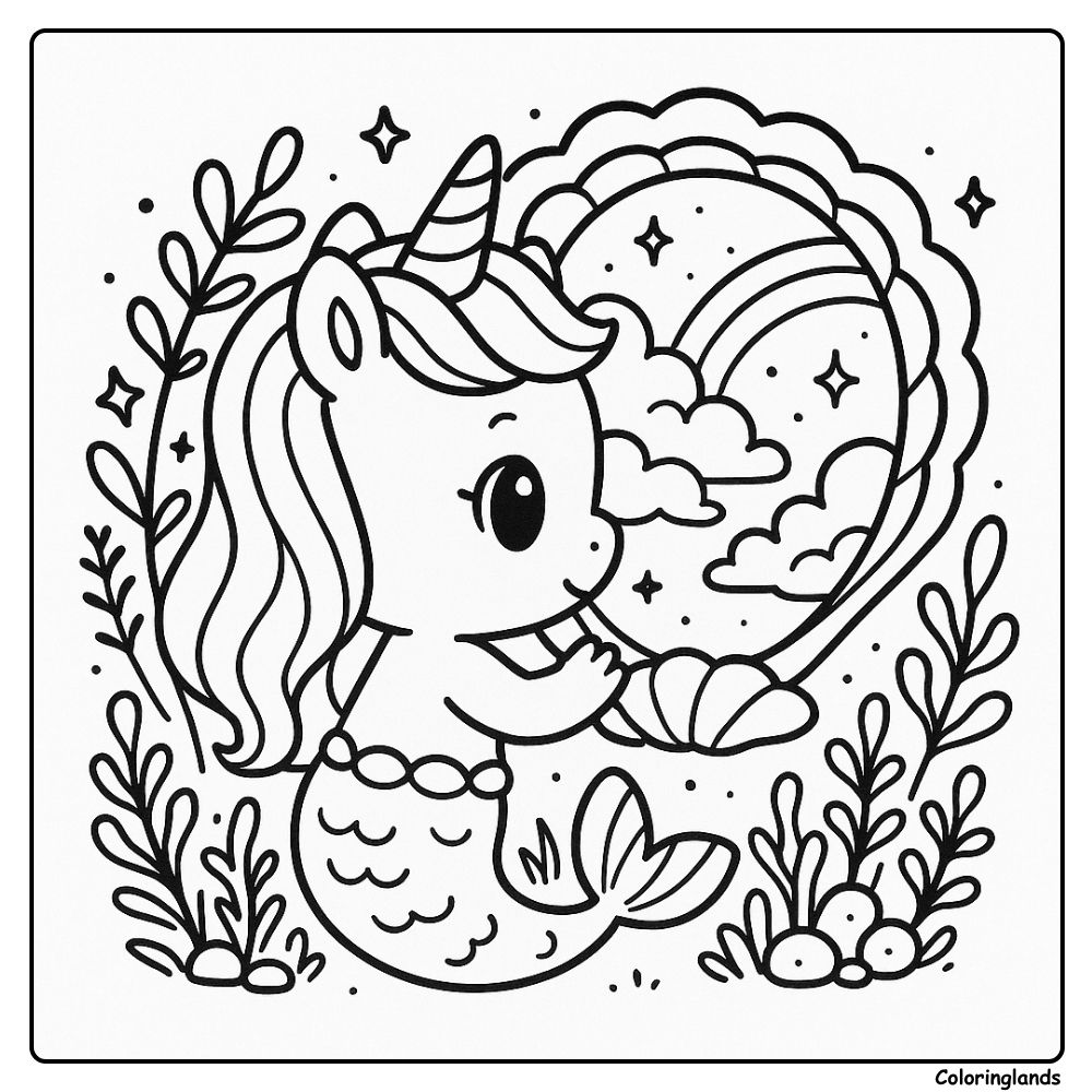 Image de coloriage de licorne sirène soufflant des bulles arc-en-ciel sous l'eau