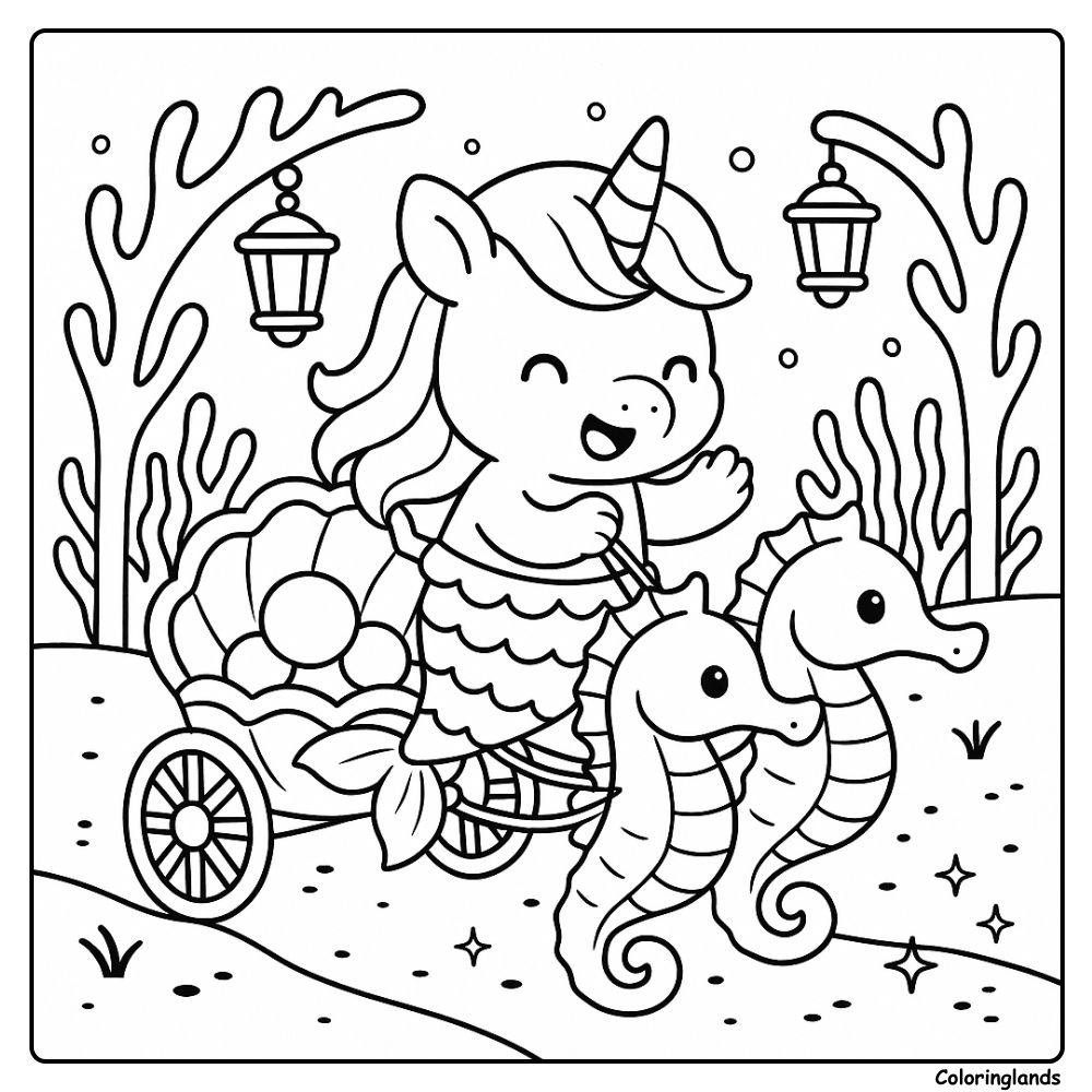 Page de coloriage imprimable de licorne sirène avec char à hippocampes