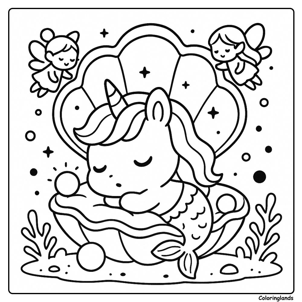 Page de coloriage imprimable de sirène licorne endormie dans un coquillage de perle