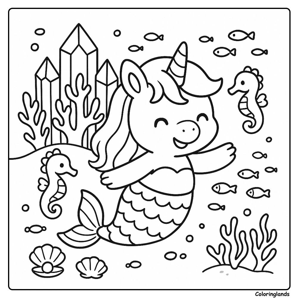 Page de coloriage imprimable de sirène licorne sous la mer avec des coraux