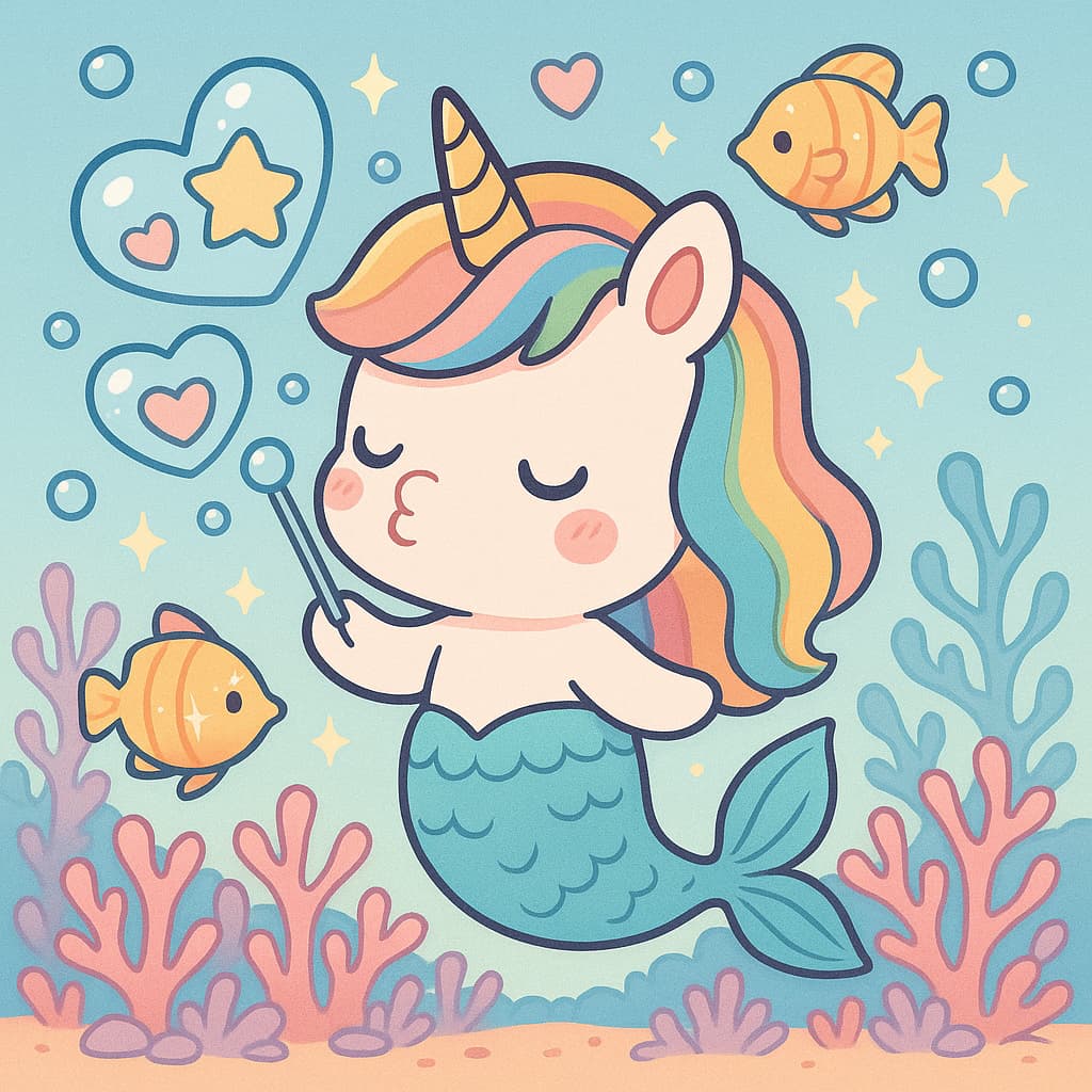 Idée de coloriage mignonne de licorne sirène soufflant des bulles