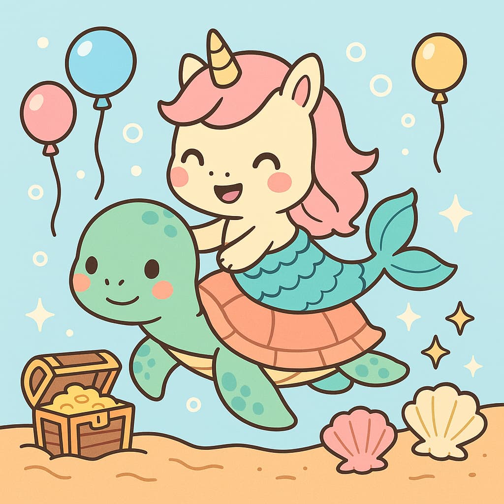 Idée amusante de coloriage de sirène licorne chevauchant une tortue sous l'eau