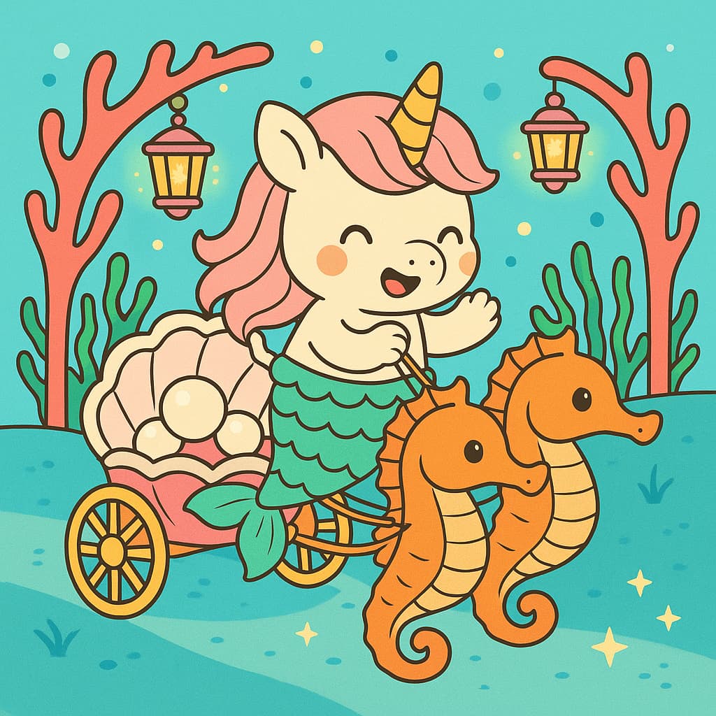 Idée de coloriage ludique de licorne sirène avec charrette d'hippocampe