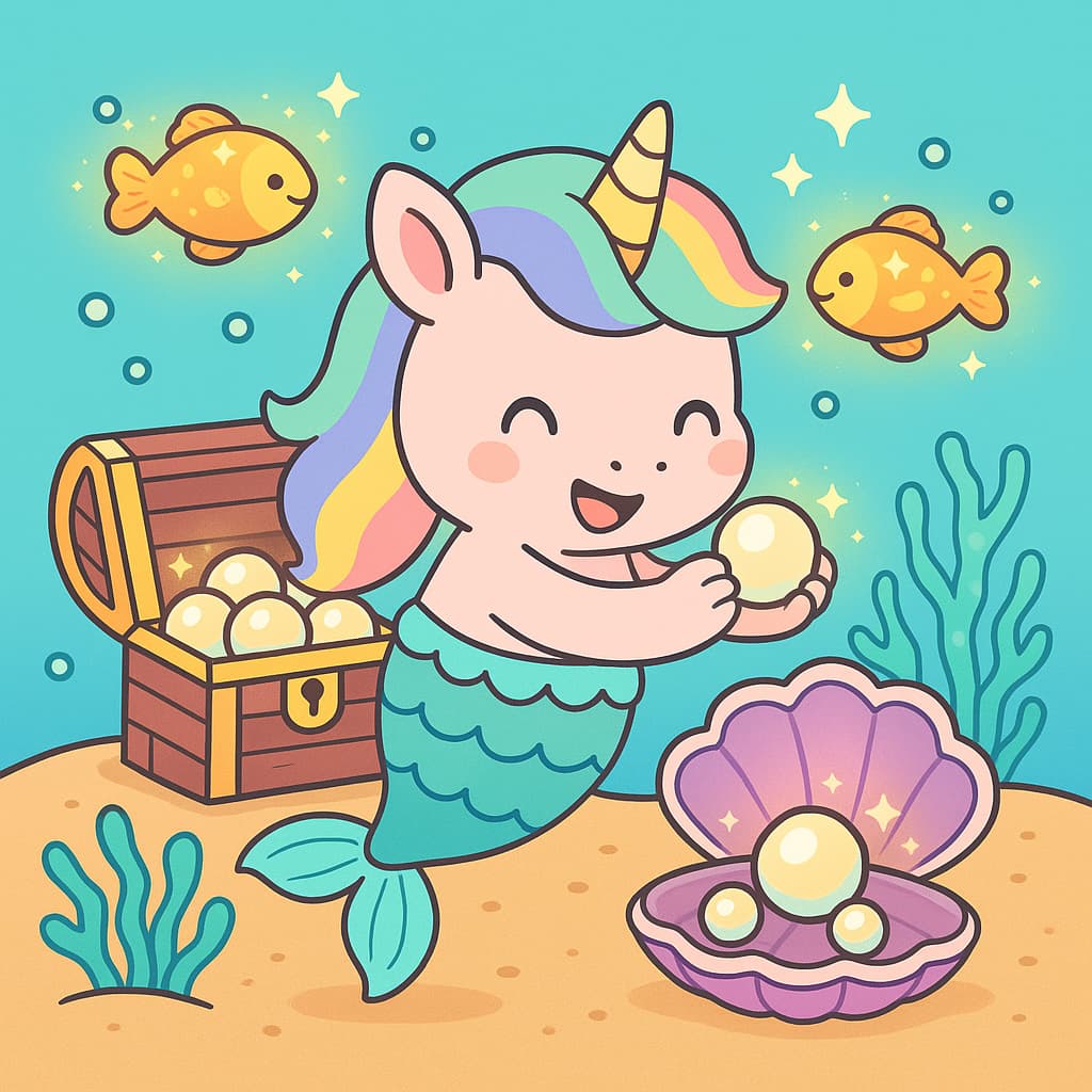 Idée de coloriage de licorne sirène tenant des perles sous la mer