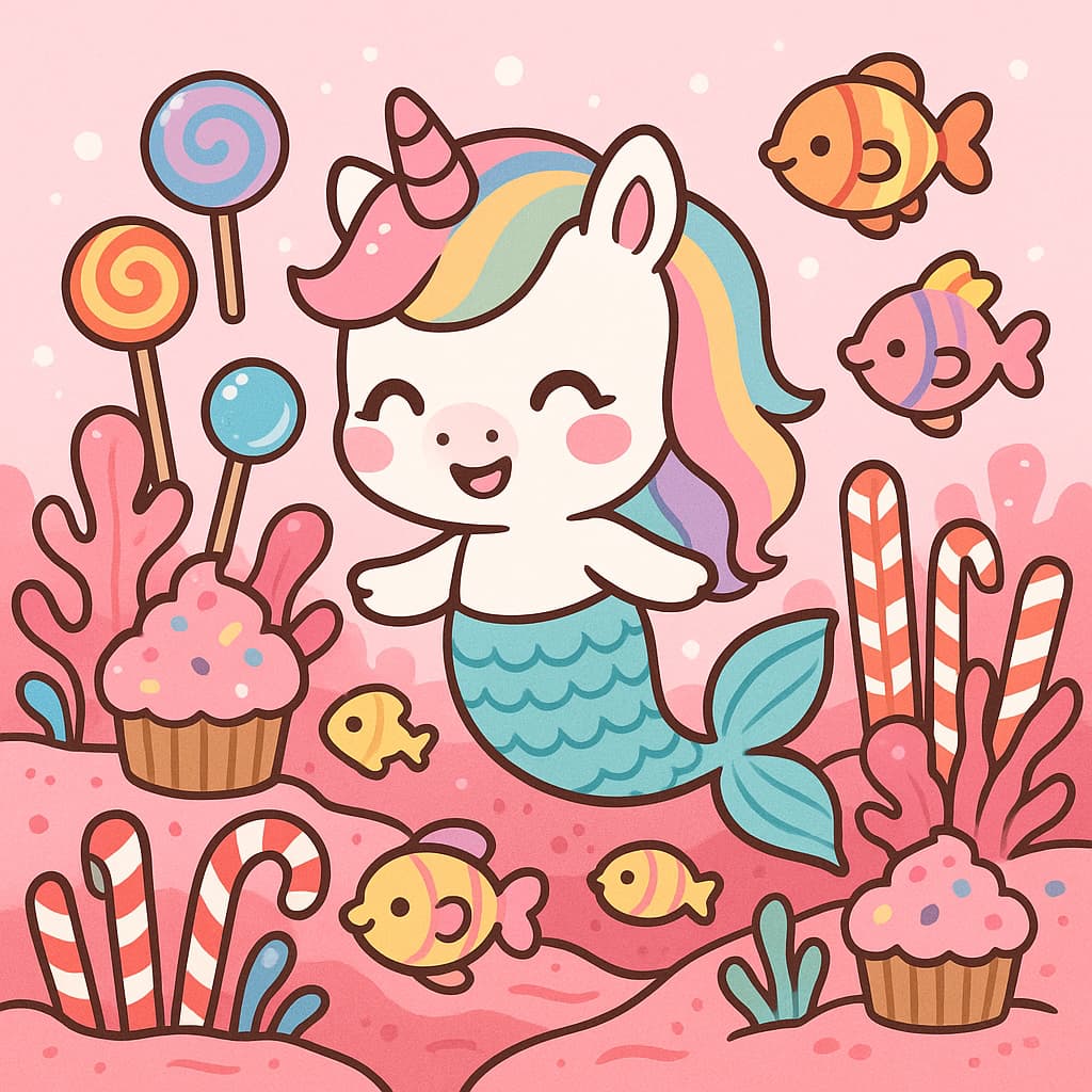 Idée de coloriage de sirène licorne dans un océan de bonbons avec des cupcakes