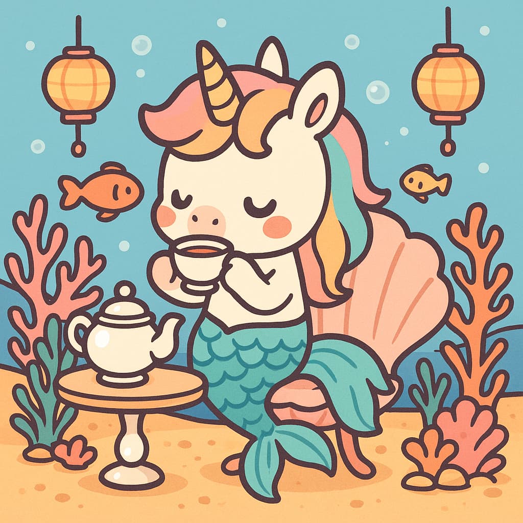 Idée de coloriage relaxante de licorne sirène sirotant du thé sous l'eau