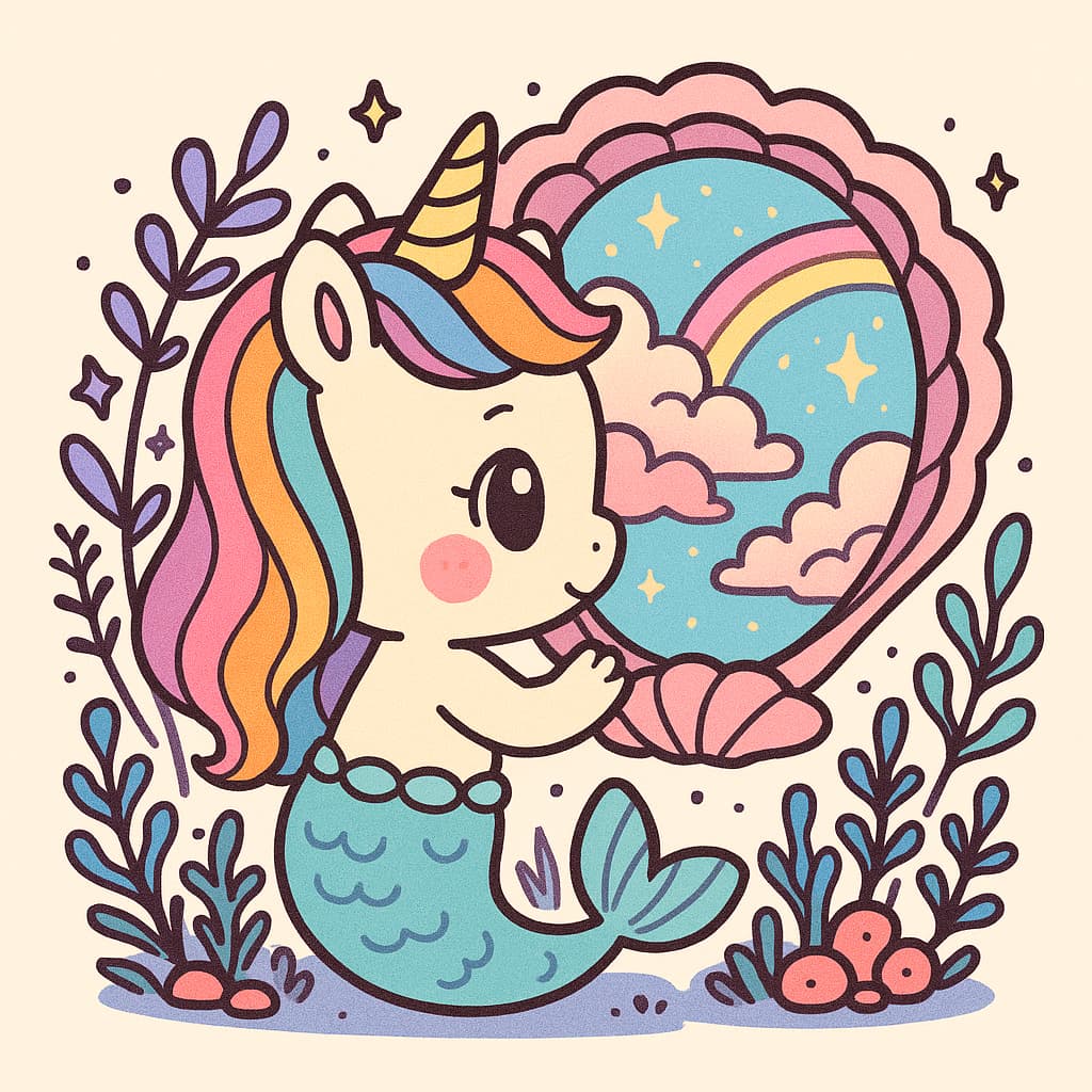 Idée de coloriage de sirène licorne fantastique avec coquillage arc-en-ciel