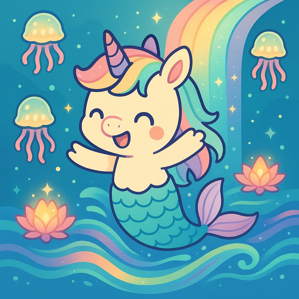Idée de coloriage joyeuse de sirène licorne avec lumières arc-en-ciel