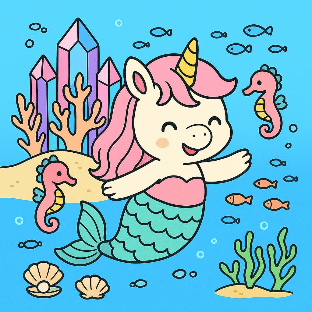 Idée de coloriage scintillante de sirène licorne avec hippocampes et gemmes