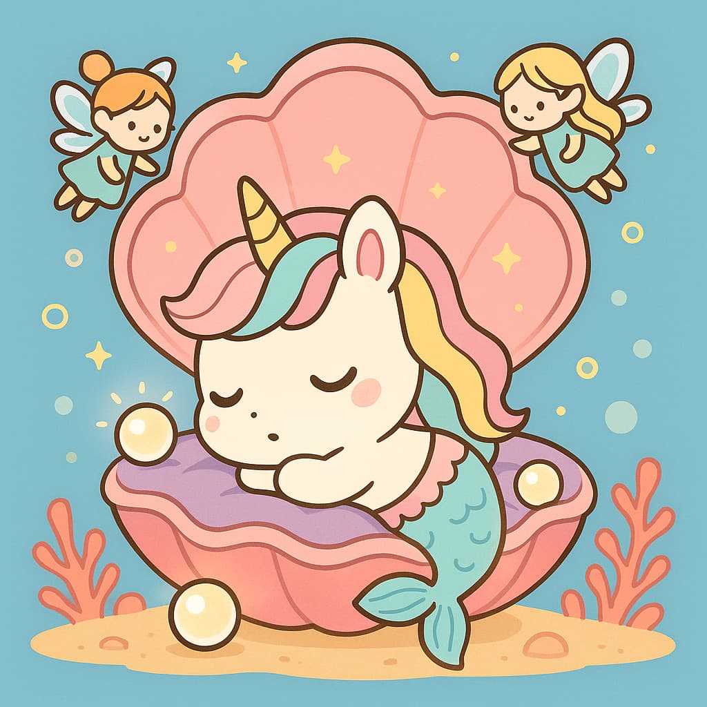 Idée de coloriage rêveur de licorne sirène endormie dans sa coquille