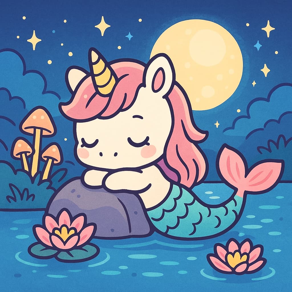 Idée de coloriage de sirène licorne endormie sous la pleine lune