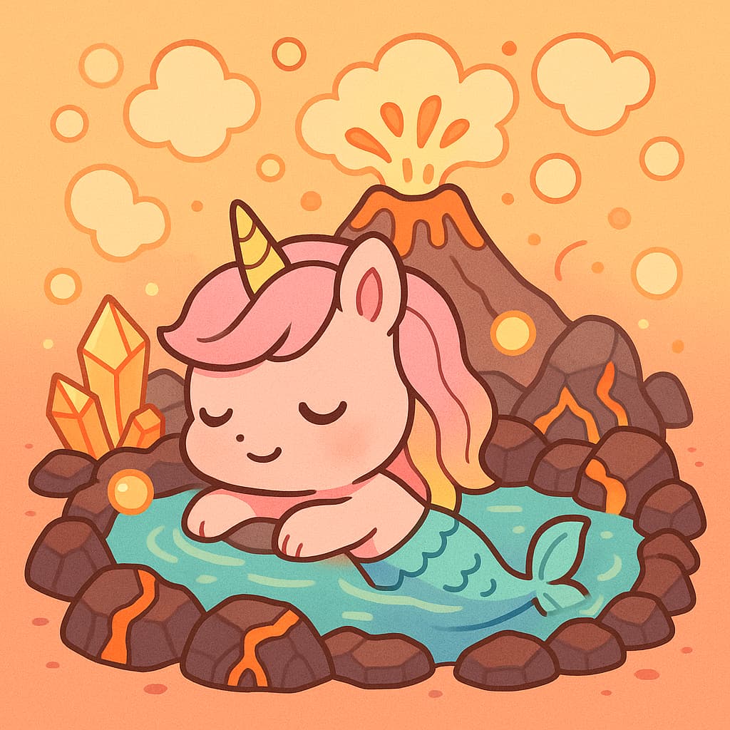 Idée de coloriage relaxante de sirène licorne dans une piscine volcanique