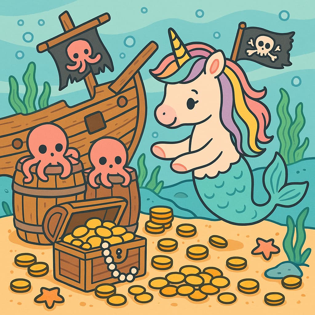 Idée de coloriage de licorne sirène sur le thème des pirates avec coffre au trésor