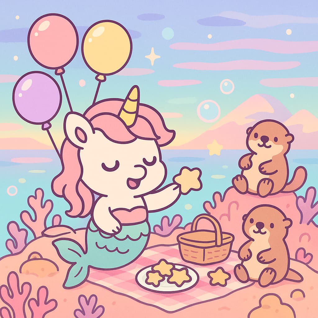 Idée de coloriage de sirène licorne amicale faisant un pique-nique en mer