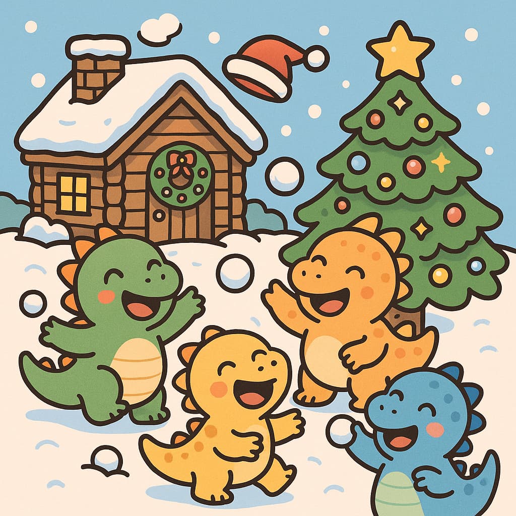 Idées de coloriage de dinosaures de Noël avec cabane et sapin festif