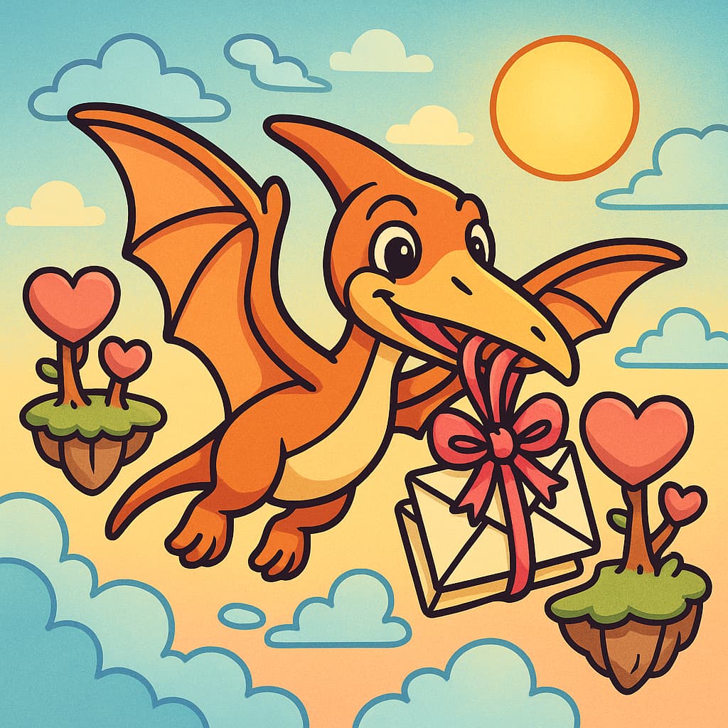 Idée de coloriage d'un ptérosaure livrant des lettres enrubannées dans un ciel ensoleillé