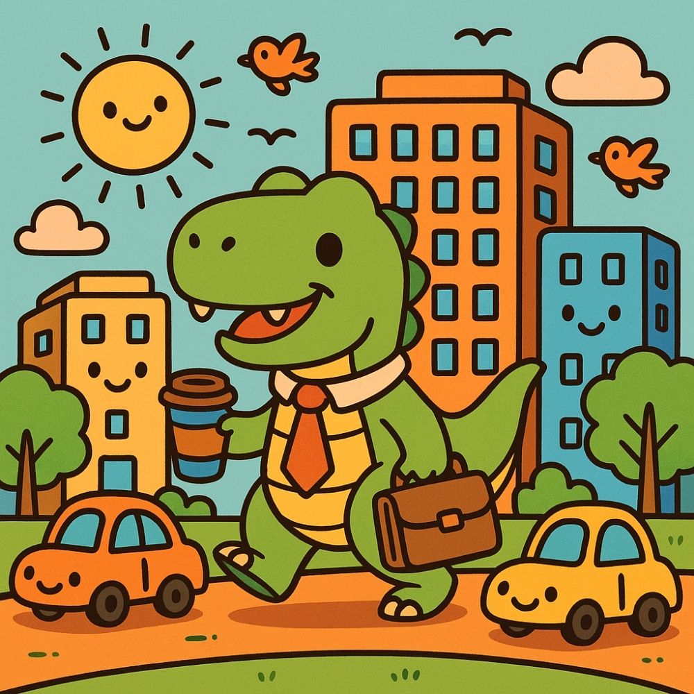 Idées de coloriage mignon de T-rex avec café, voitures et grands immeubles