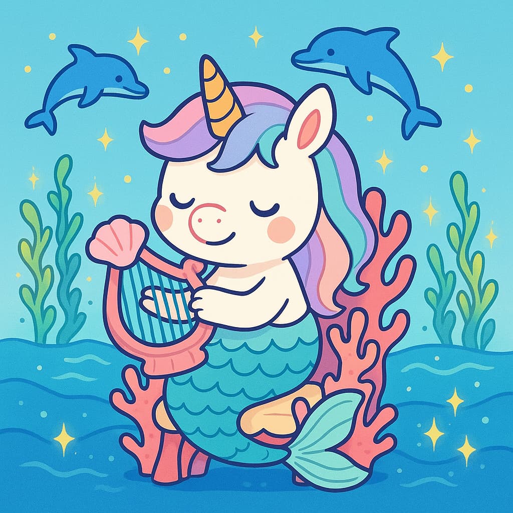Idée de coloriage d'une sirène licorne sereine jouant de la harpe sous l'eau