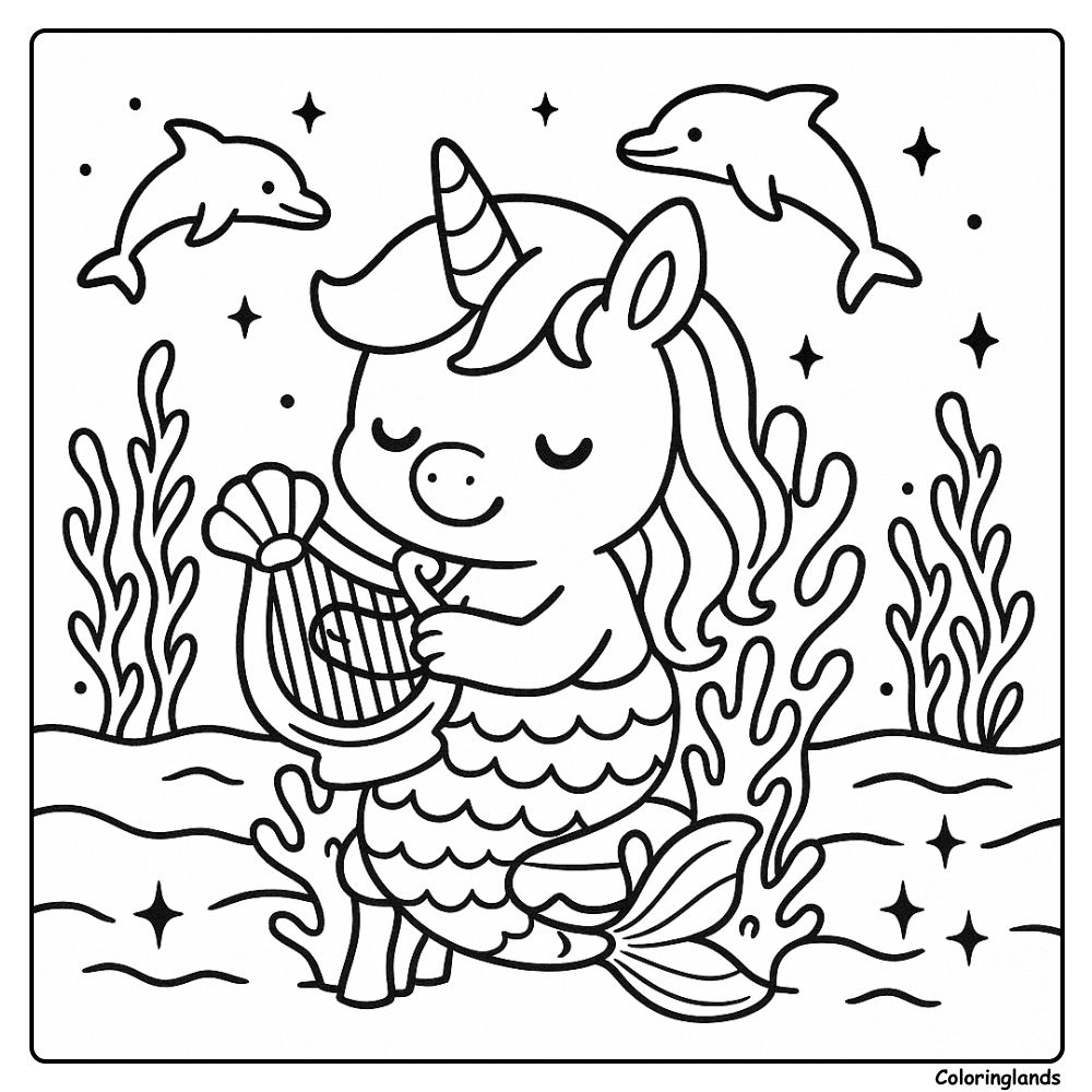 Feuille de coloriage gratuite de sirène licorne avec harpe et dauphins