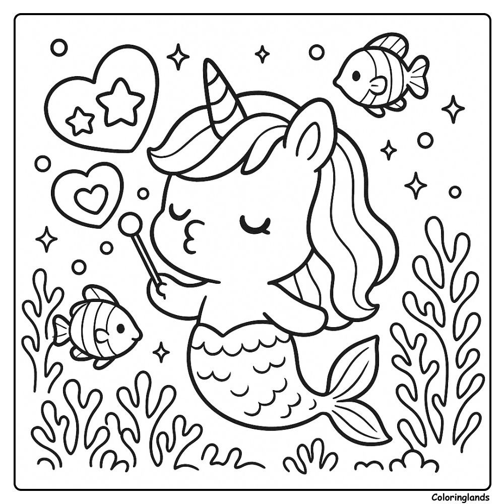 Page de coloriage imprimable de sirène licorne avec baguette et cœurs