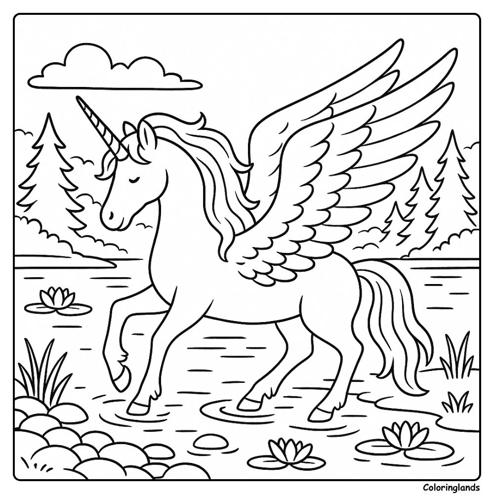 Coloriages licorne ailée réaliste avec licorne marchant sur l'eau.