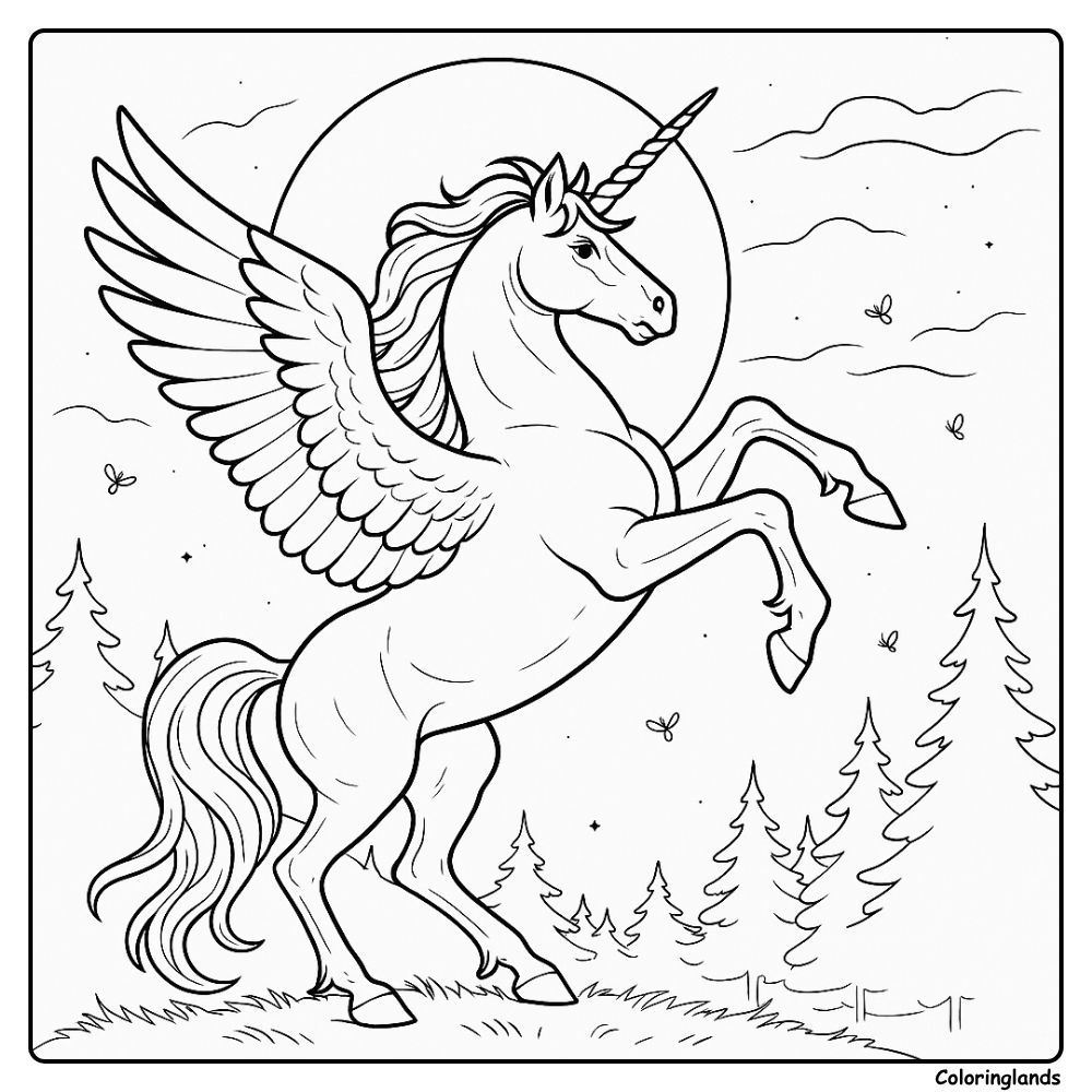 Coloriages licorne ailée réaliste sous le clair de lune