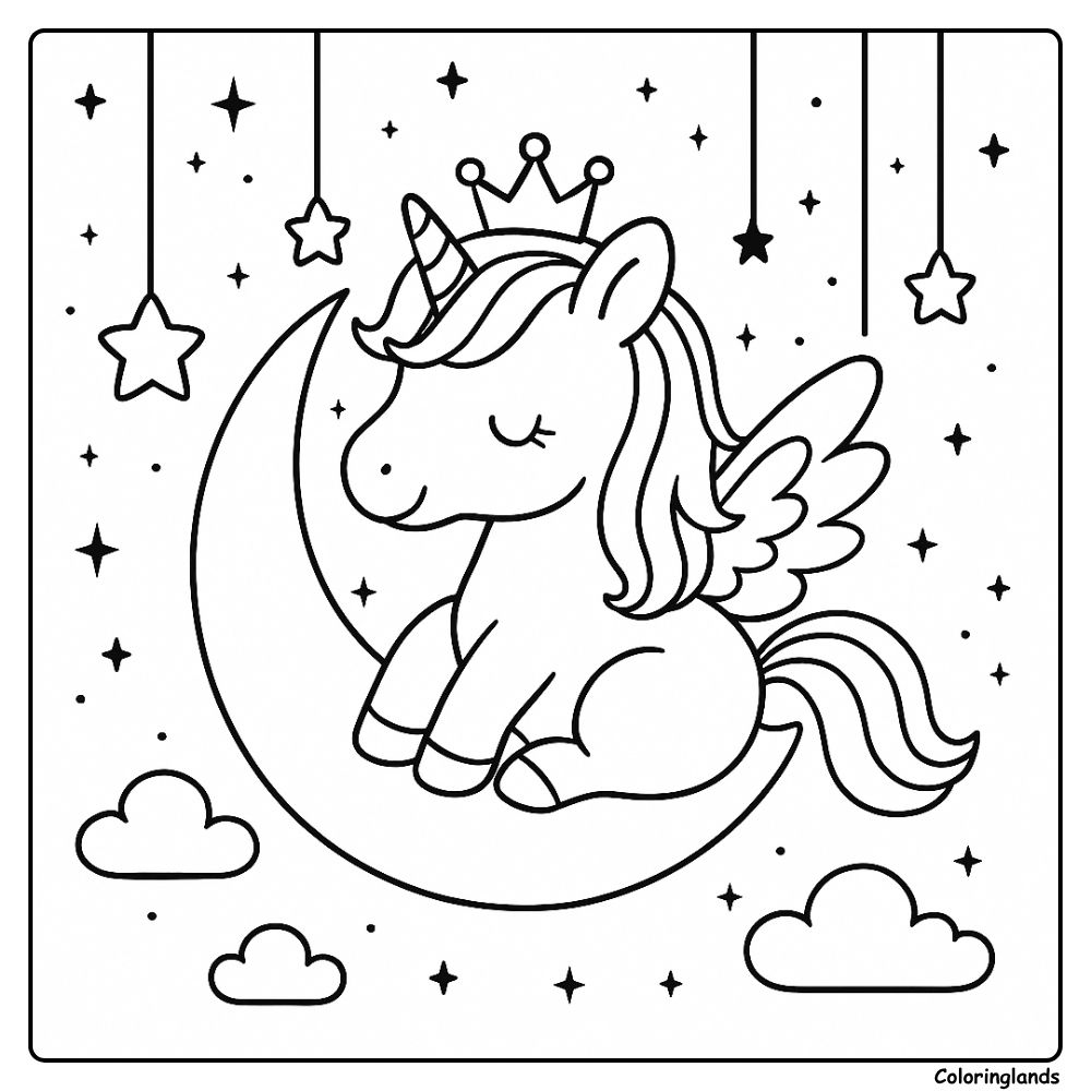 Coloriages licornes avec des ailes et étoiles, couronne délicate