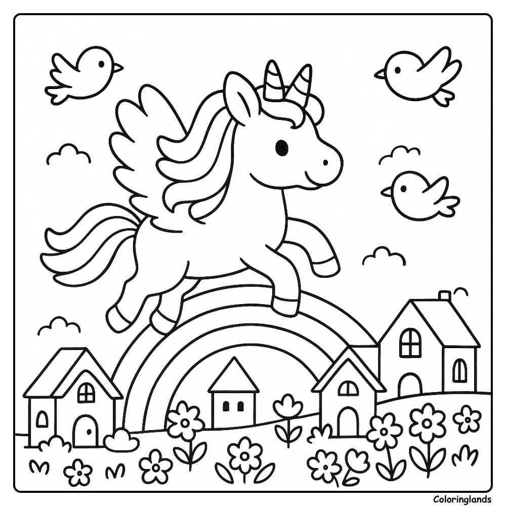 Coloriages licornes avec des ailes et oiseaux au-dessus des maisons du village