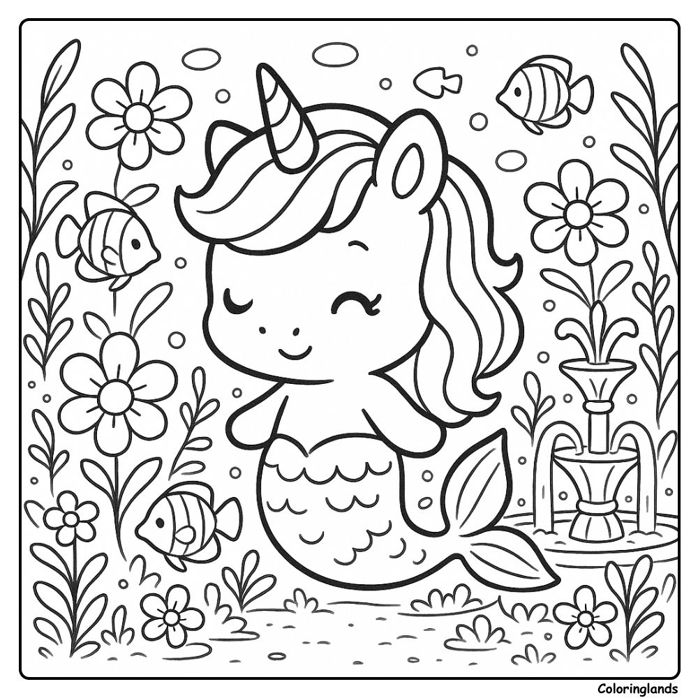 Image de coloriage de licorne sirène entourée de fleurs sous-marines