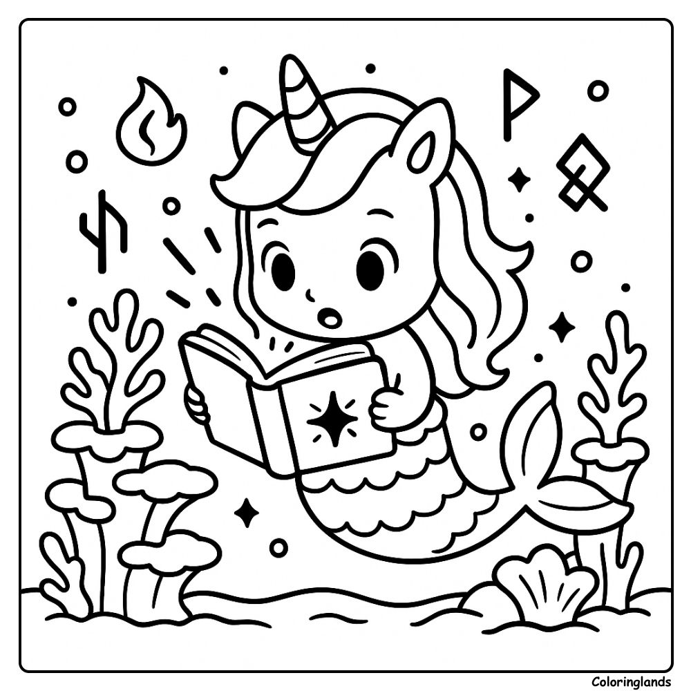 Feuille de coloriage de licorne sirène lisant un livre lumineux sous l'eau