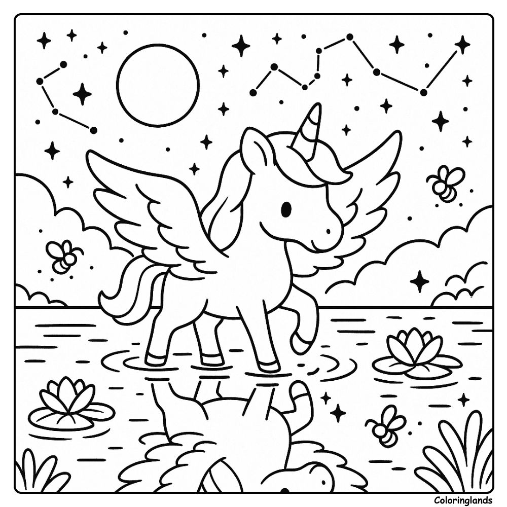 Coloriage licorne avec des ailes marchant sur un lac éclairé par la lune et ses reflets