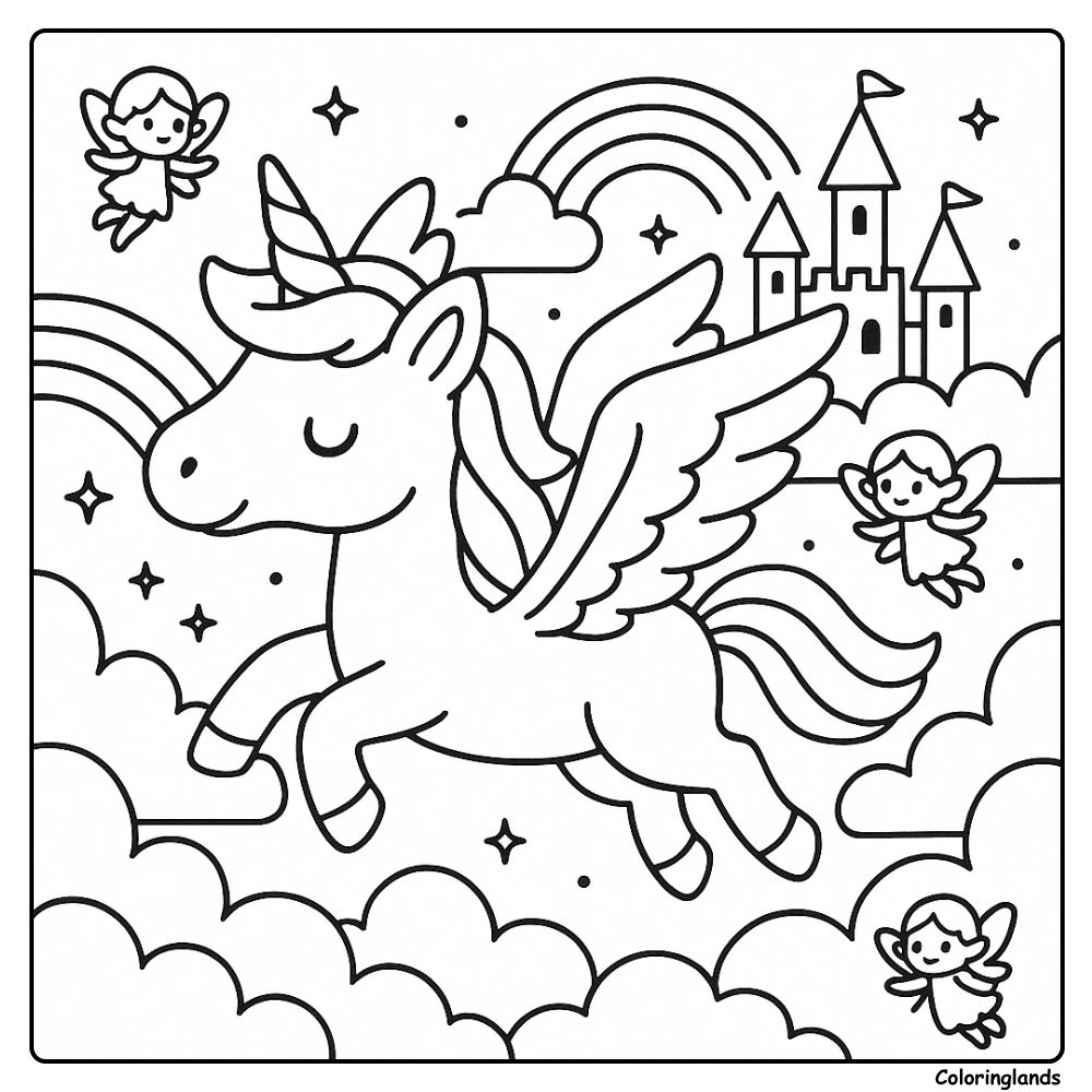 Coloriage licorne avec des ailes parmi les nuages, les arcs-en-ciel et un château de conte de fées