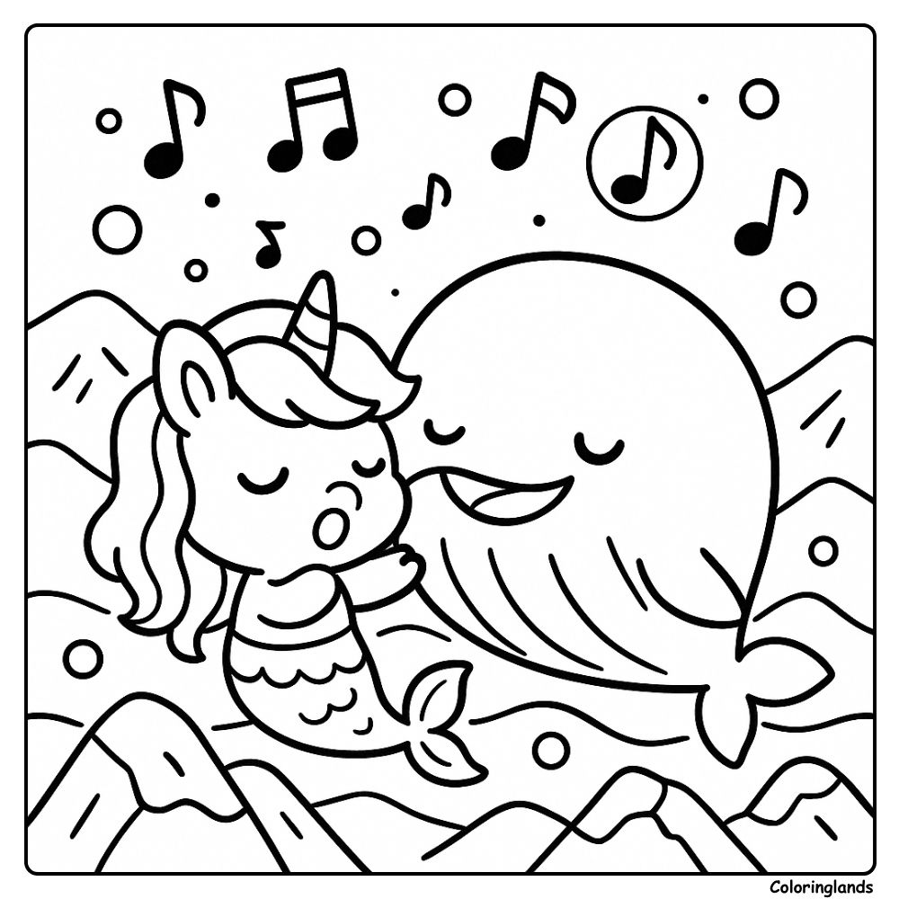 Image de coloriage de licorne sirène avec baleine et notes de musique