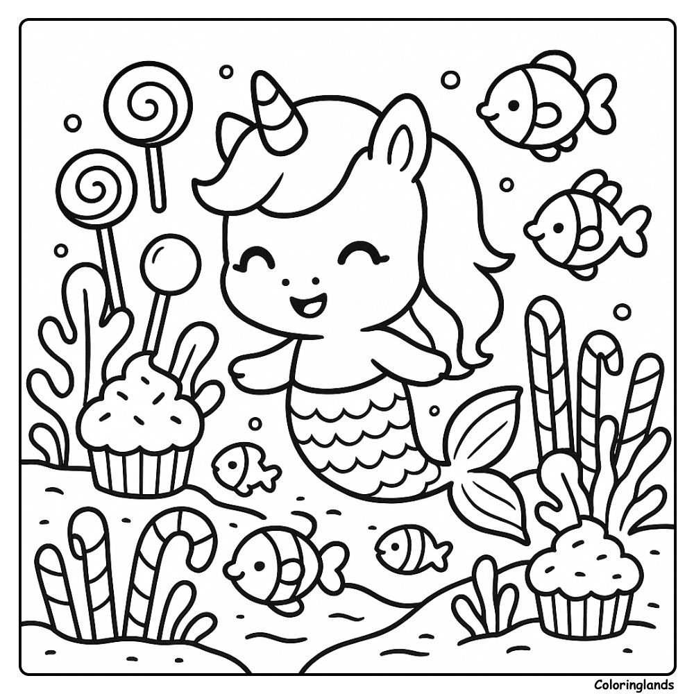 Image à colorier imprimable de licorne sirène avec cupcakes et friandises