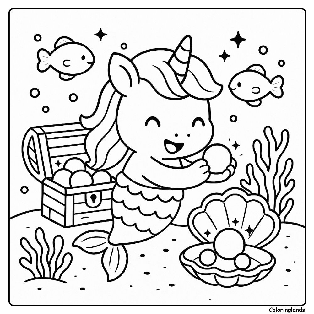 Page de coloriage imprimable de licorne sirène avec coquillage ouvert
