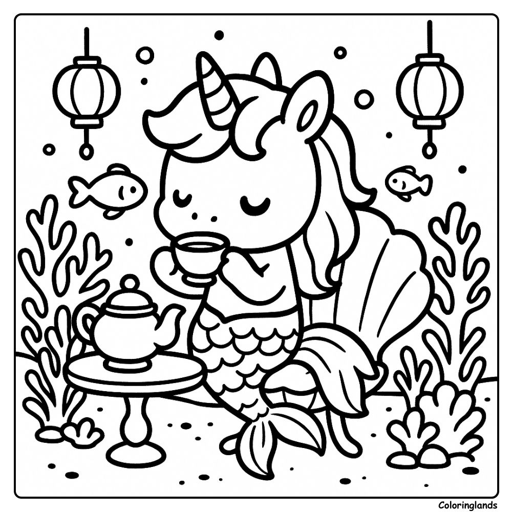 Image de coloriage de licorne sirène buvant du thé sous des lanternes marines