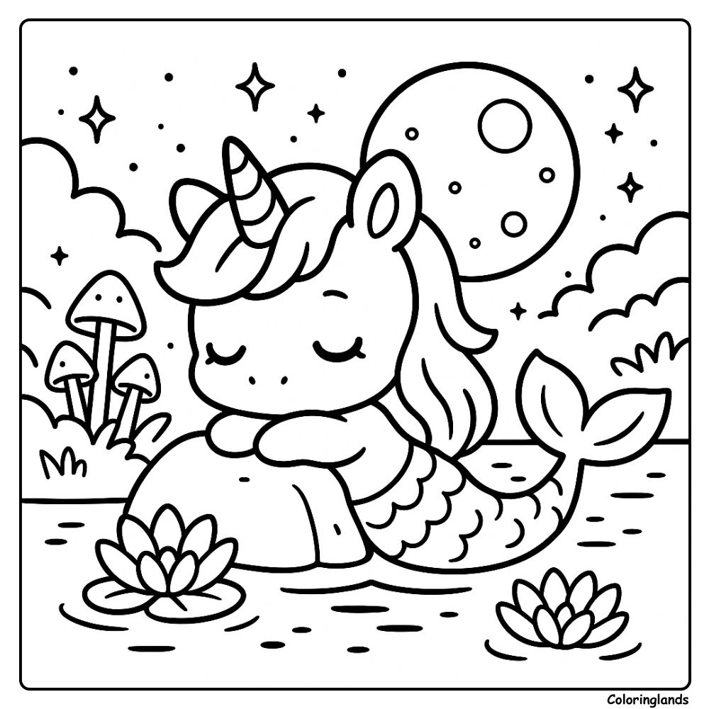 Image de coloriage d'une licorne sirène reposant sur un rocher la nuit