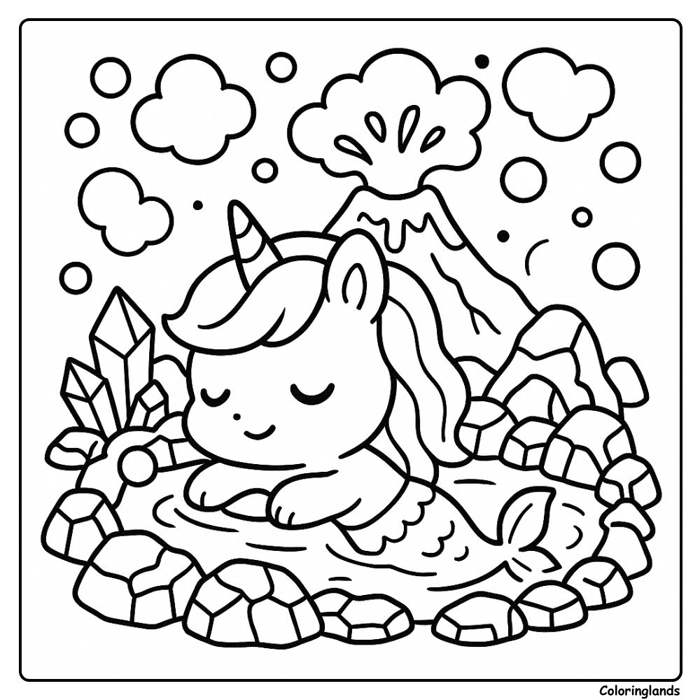 Image de coloriage d'une licorne sirène se détendant près des sources volcaniques