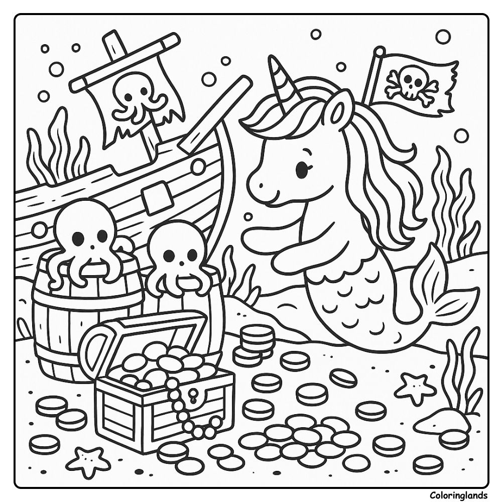 Feuille de coloriage de sirène licorne avec coffre pirate et pièces marines