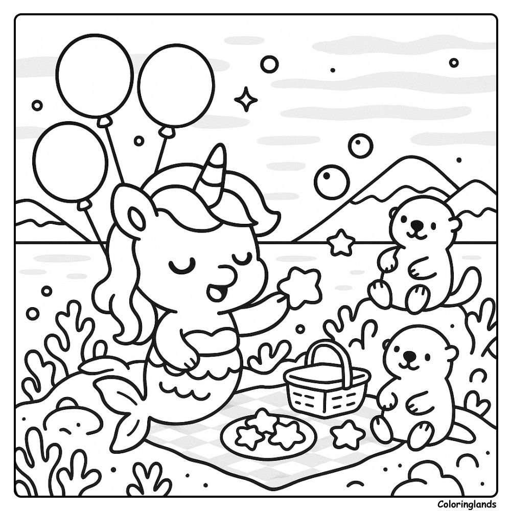 Feuille de coloriage imprimable de sirène licorne en pique-nique au bord de la mer