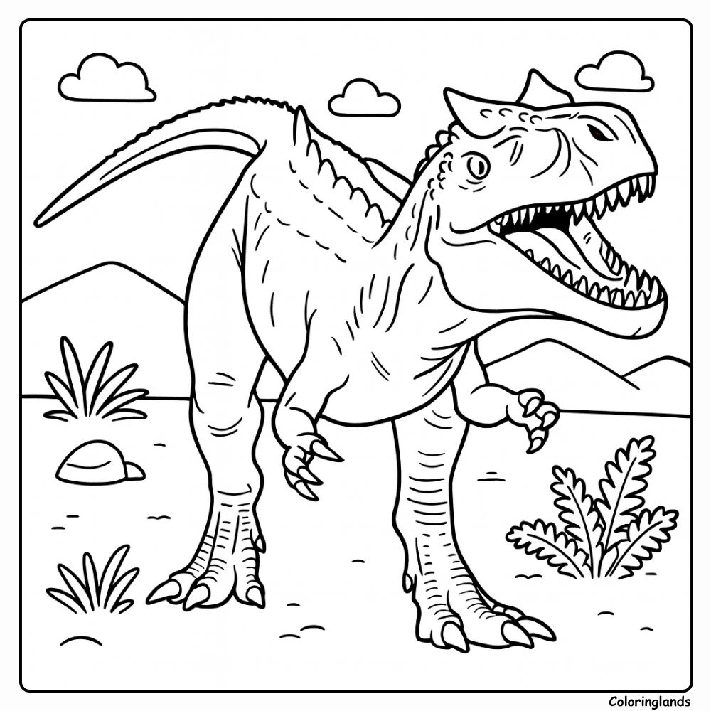 Page de coloriage Allosaurus rugissant à travers les plaines ouvertes et les nuages